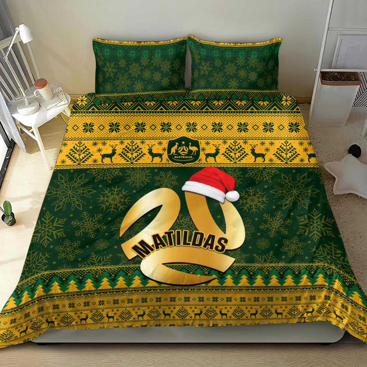 personalised-australia-matildas-christmas-bedding-set-merry-xmas-2023-national-color