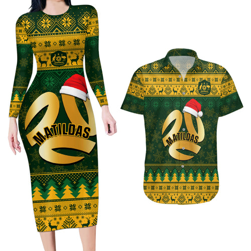 personalised-australia-matildas-christmas-couples-matching-long-sleeve-bodycon-dress-and-hawaiian-shirt-merry-xmas-2023-national-color