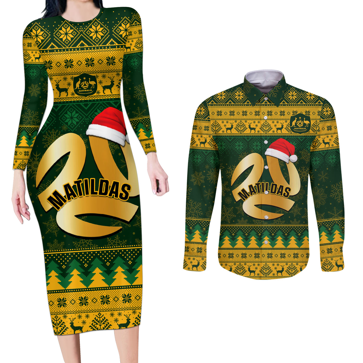 personalised-australia-matildas-christmas-couples-matching-long-sleeve-bodycon-dress-and-long-sleeve-button-shirts-merry-xmas-2023-national-color
