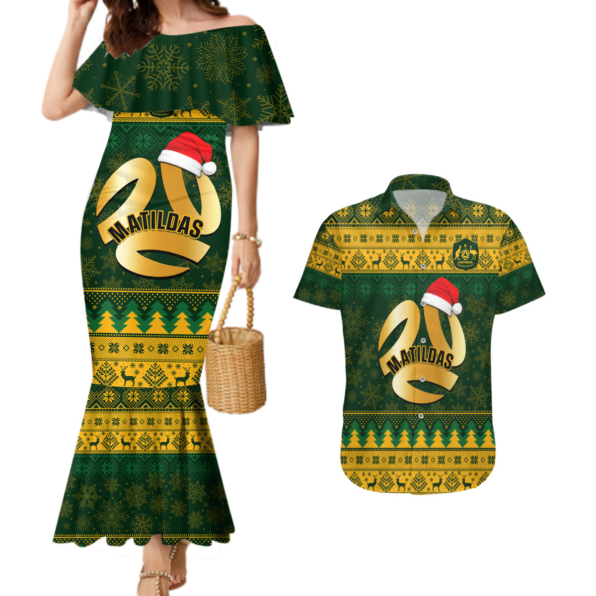 personalised-australia-matildas-christmas-couples-matching-mermaid-dress-and-hawaiian-shirt-merry-xmas-2023-national-color