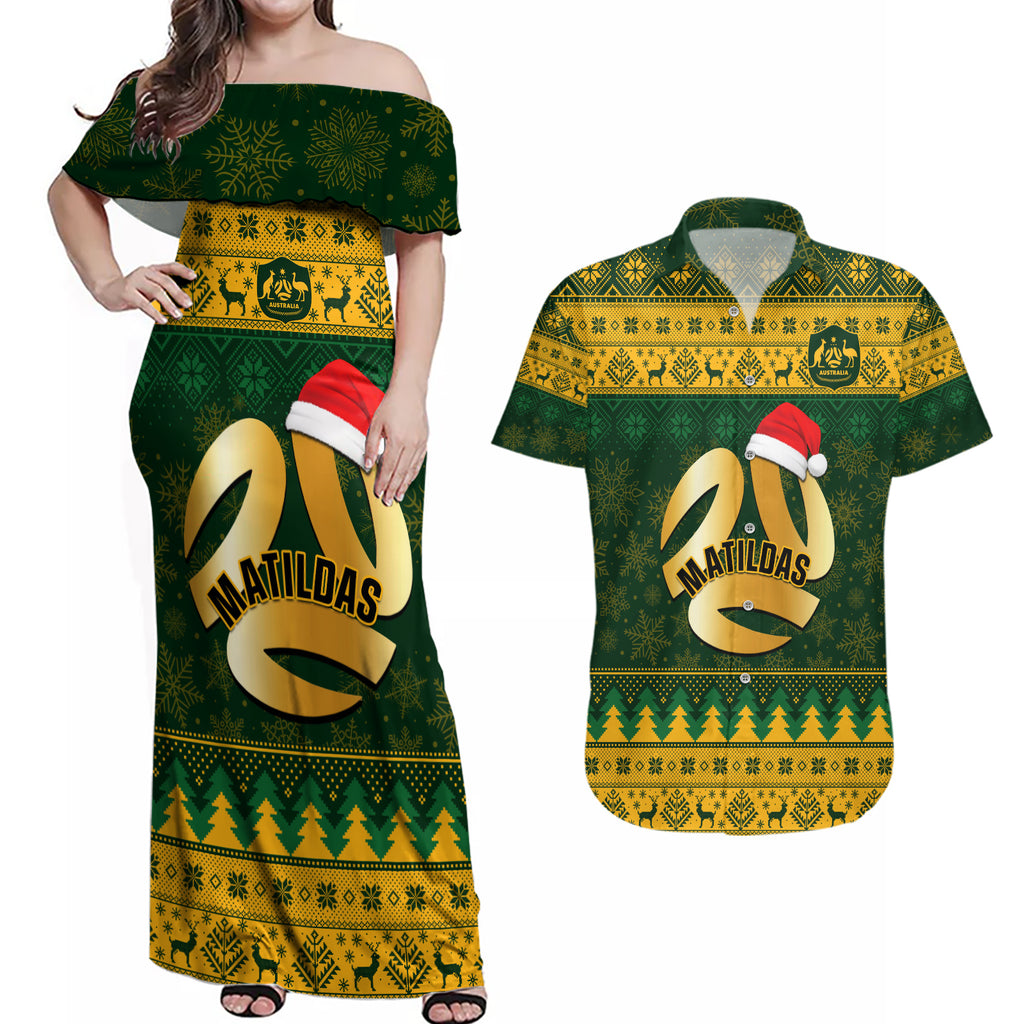 personalised-australia-matildas-christmas-couples-matching-off-shoulder-maxi-dress-and-hawaiian-shirt-merry-xmas-2023-national-color