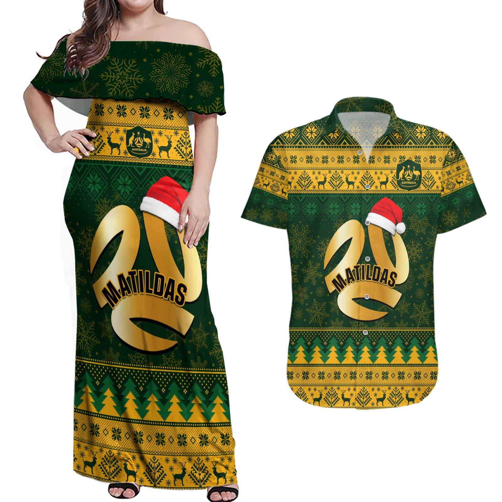 personalised-australia-matildas-christmas-couples-matching-off-shoulder-maxi-dress-and-hawaiian-shirt-merry-xmas-2023-national-color