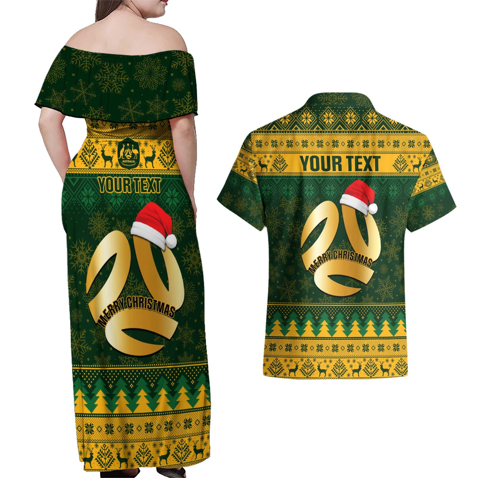 personalised-australia-matildas-christmas-couples-matching-off-shoulder-maxi-dress-and-hawaiian-shirt-merry-xmas-2023-national-color