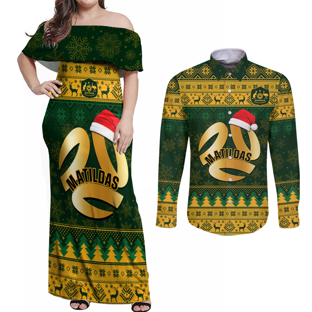 personalised-australia-matildas-christmas-couples-matching-off-shoulder-maxi-dress-and-long-sleeve-button-shirts-merry-xmas-2023-national-color