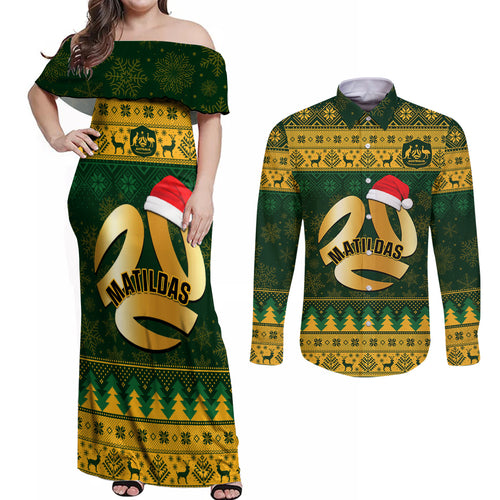 personalised-australia-matildas-christmas-couples-matching-off-shoulder-maxi-dress-and-long-sleeve-button-shirts-merry-xmas-2023-national-color