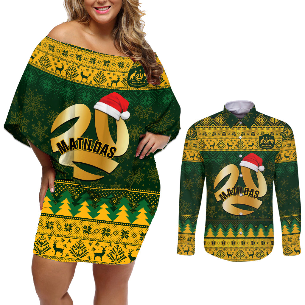 personalised-australia-matildas-christmas-couples-matching-off-shoulder-short-dress-and-long-sleeve-button-shirts-merry-xmas-2023-national-color