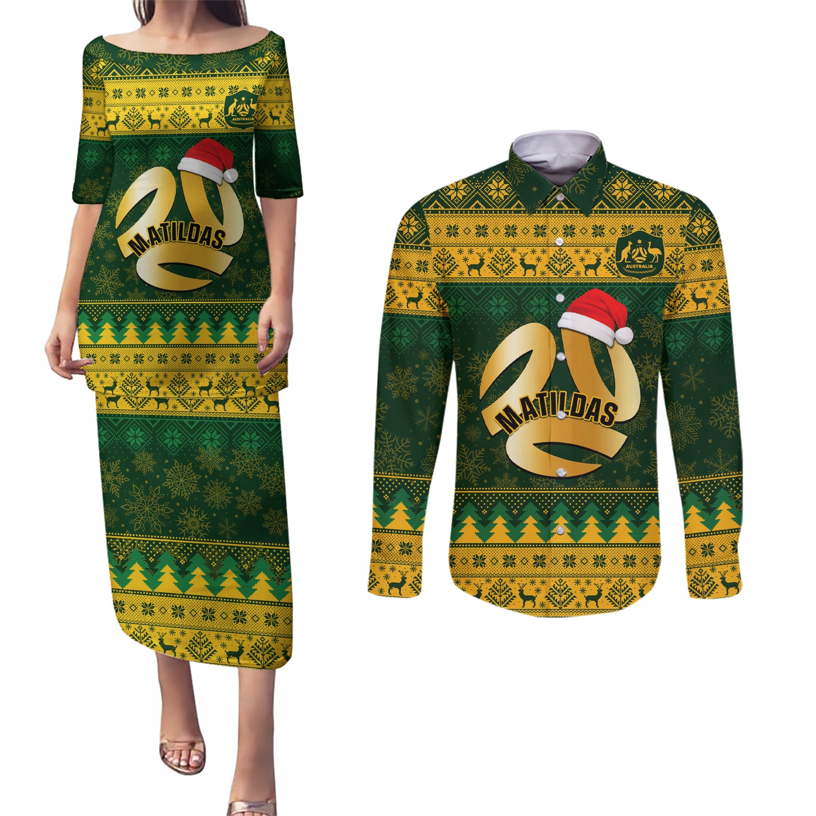 personalised-australia-matildas-christmas-couples-matching-puletasi-dress-and-long-sleeve-button-shirts-merry-xmas-2023-national-color