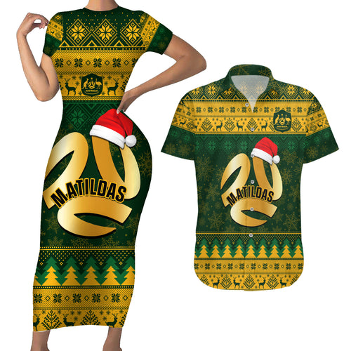 personalised-australia-matildas-christmas-couples-matching-short-sleeve-bodycon-dress-and-hawaiian-shirt-merry-xmas-2023-national-color