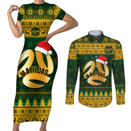 personalised-australia-matildas-christmas-couples-matching-short-sleeve-bodycon-dress-and-long-sleeve-button-shirts-merry-xmas-2023-national-color
