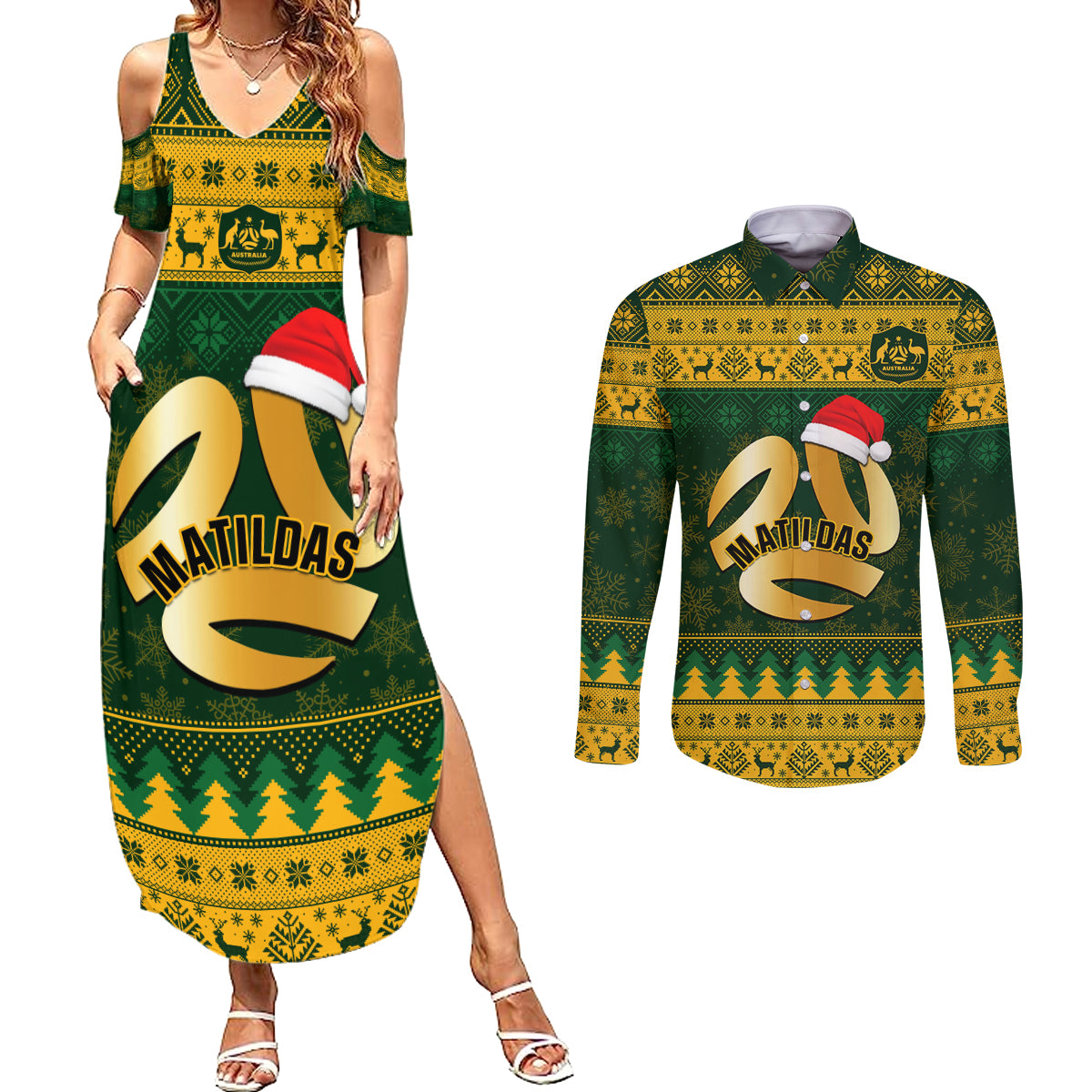 personalised-australia-matildas-christmas-couples-matching-summer-maxi-dress-and-long-sleeve-button-shirts-merry-xmas-2023-national-color