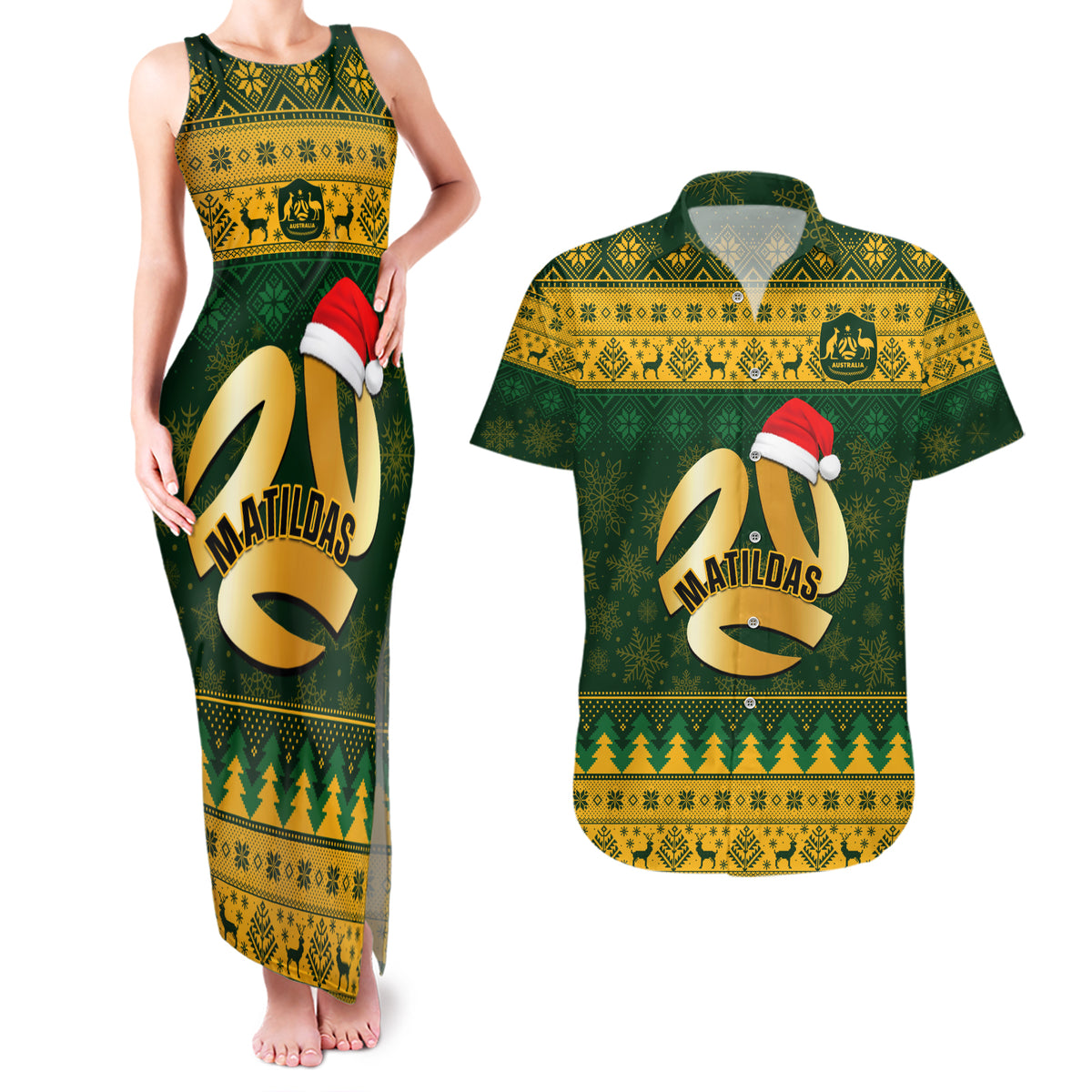 personalised-australia-matildas-christmas-couples-matching-tank-maxi-dress-and-hawaiian-shirt-merry-xmas-2023-national-color