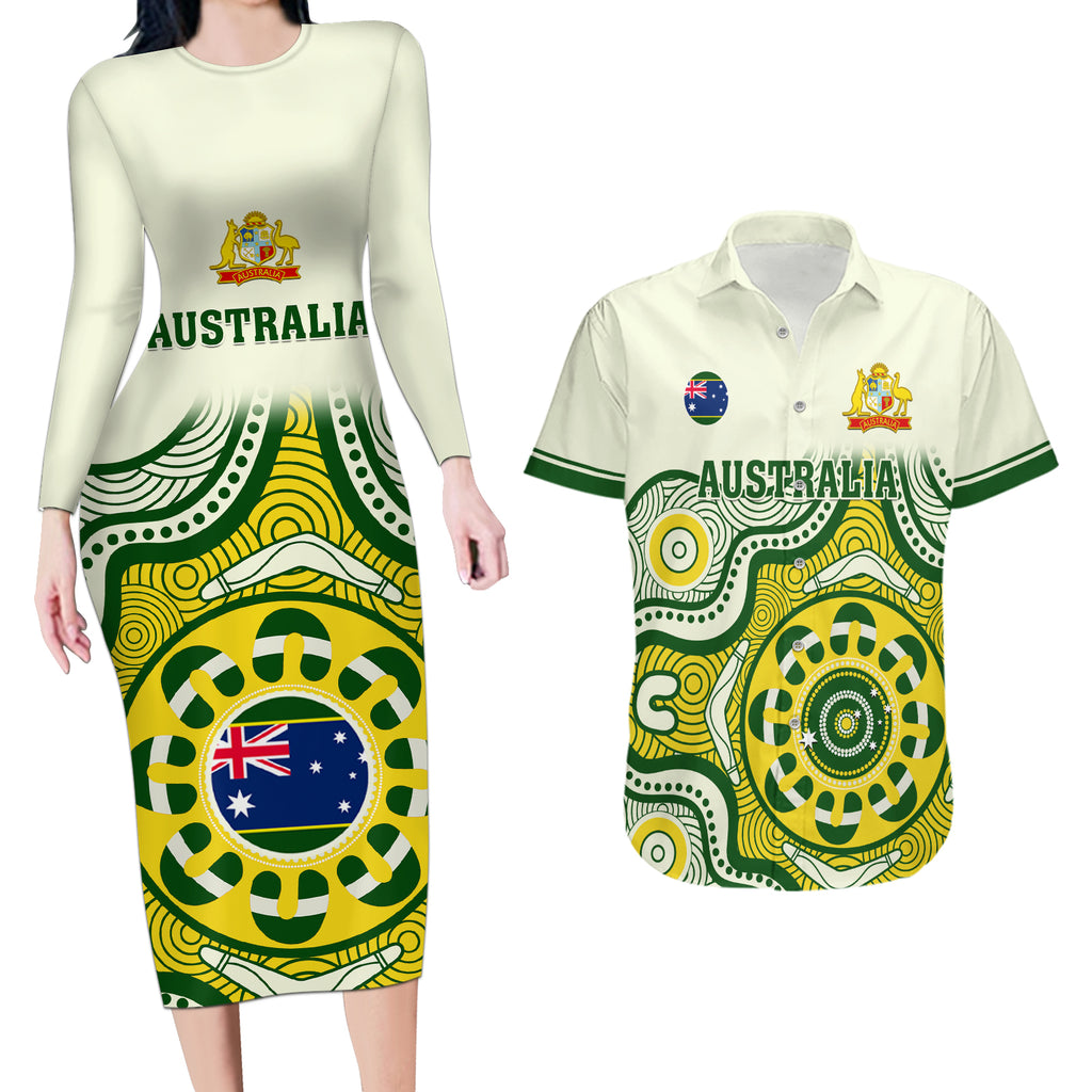 australia-cricket-couples-matching-long-sleeve-bodycon-dress-and-hawaiian-shirt-boxing-day-2023-test-indigenous-art