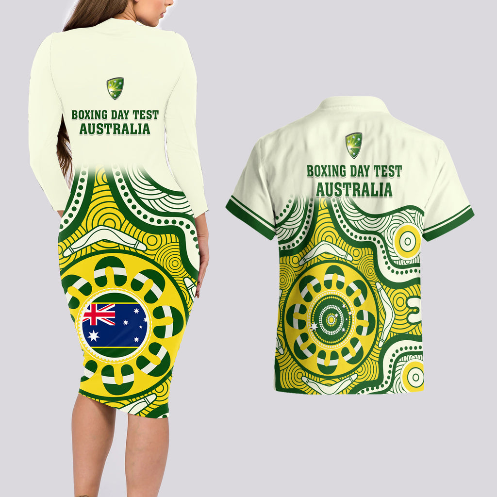australia-cricket-couples-matching-long-sleeve-bodycon-dress-and-hawaiian-shirt-boxing-day-2023-test-indigenous-art