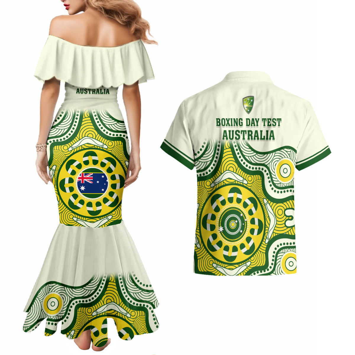australia-cricket-couples-matching-mermaid-dress-and-hawaiian-shirt-boxing-day-2023-test-indigenous-art