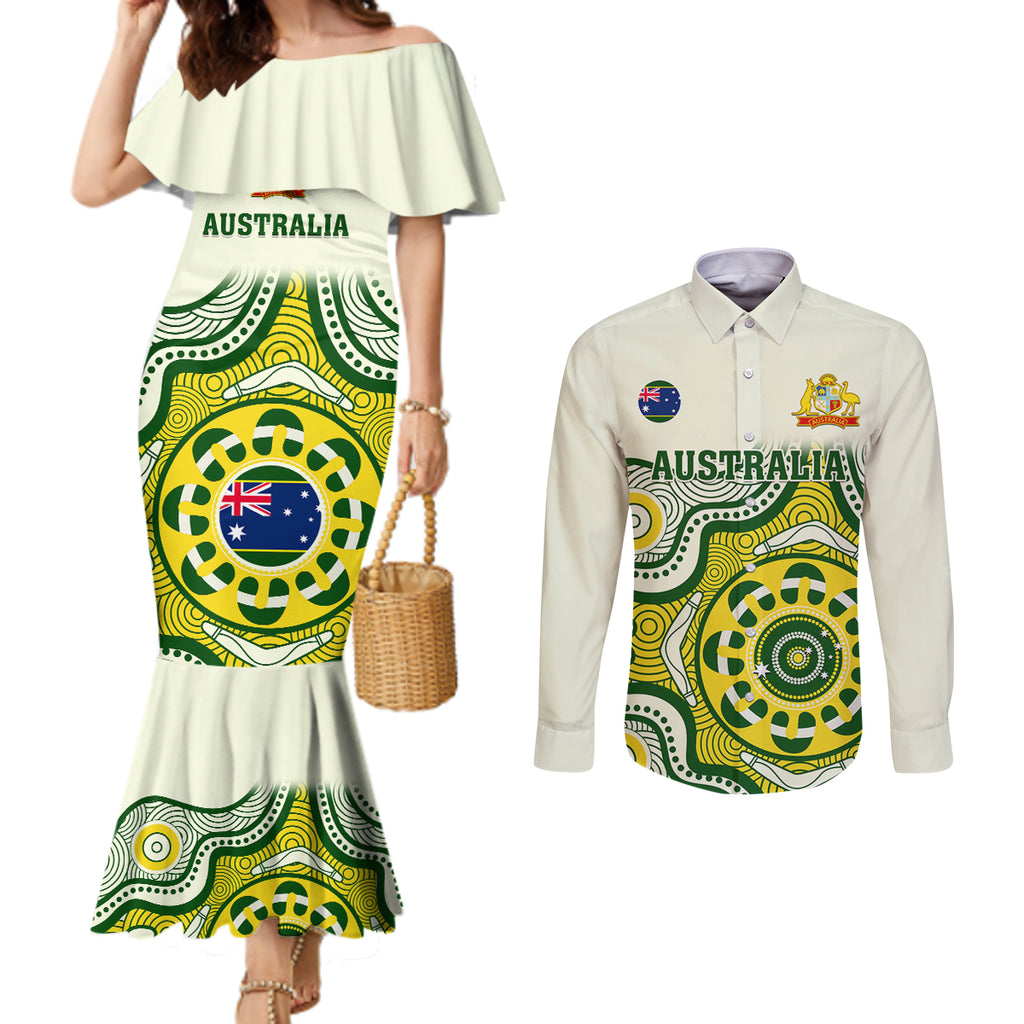 australia-cricket-couples-matching-mermaid-dress-and-long-sleeve-button-shirts-boxing-day-2023-test-indigenous-art