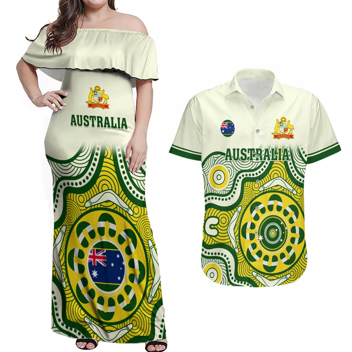 australia-cricket-couples-matching-off-shoulder-maxi-dress-and-hawaiian-shirt-boxing-day-2023-test-indigenous-art