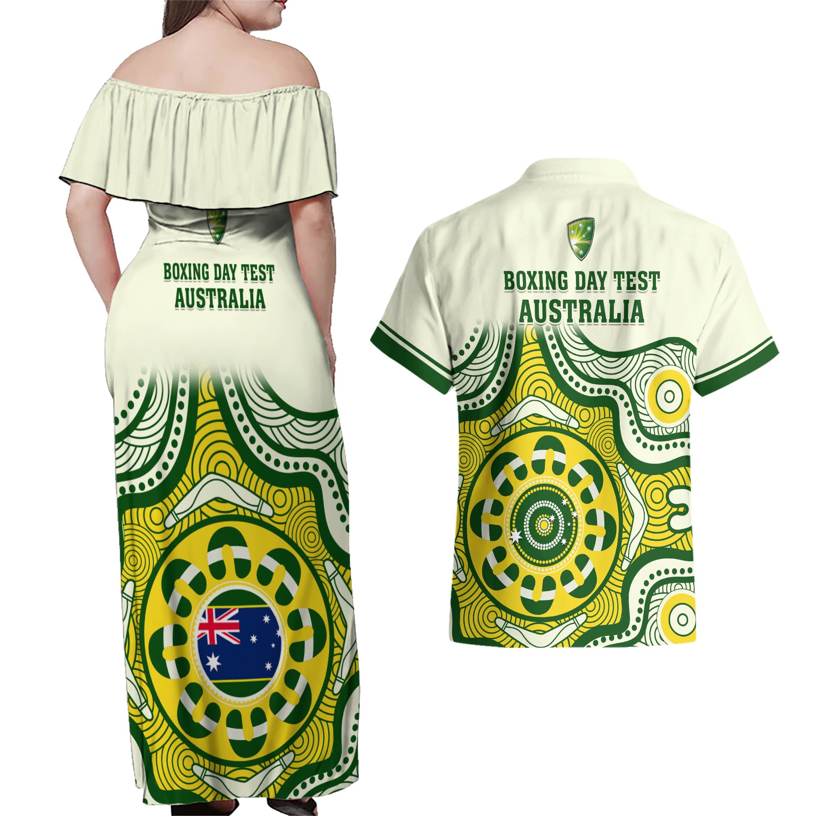 australia-cricket-couples-matching-off-shoulder-maxi-dress-and-hawaiian-shirt-boxing-day-2023-test-indigenous-art