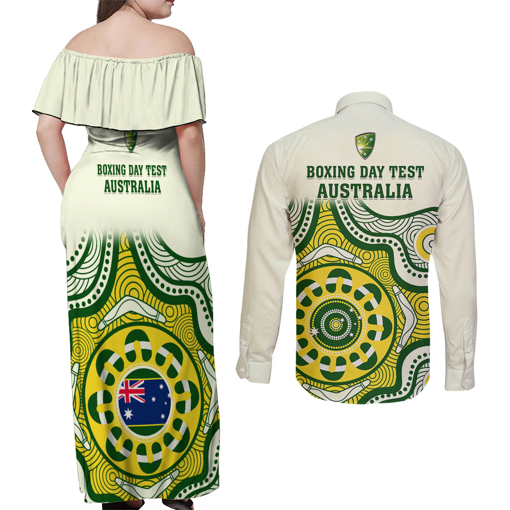 australia-cricket-couples-matching-off-shoulder-maxi-dress-and-long-sleeve-button-shirts-boxing-day-2023-test-indigenous-art