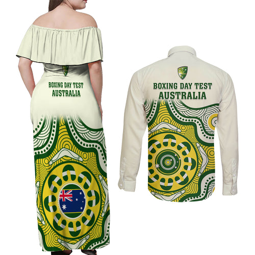 australia-cricket-couples-matching-off-shoulder-maxi-dress-and-long-sleeve-button-shirts-boxing-day-2023-test-indigenous-art