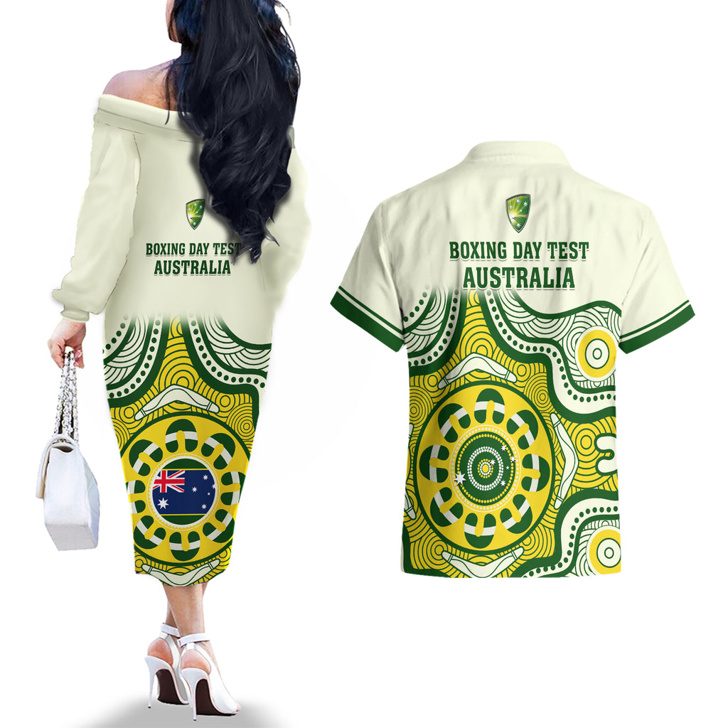 australia-cricket-couples-matching-off-the-shoulder-long-sleeve-dress-and-hawaiian-shirt-boxing-day-2023-test-indigenous-art