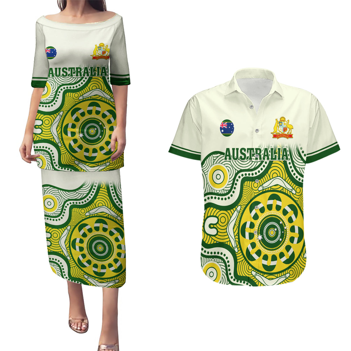 australia-cricket-couples-matching-puletasi-dress-and-hawaiian-shirt-boxing-day-2023-test-indigenous-art