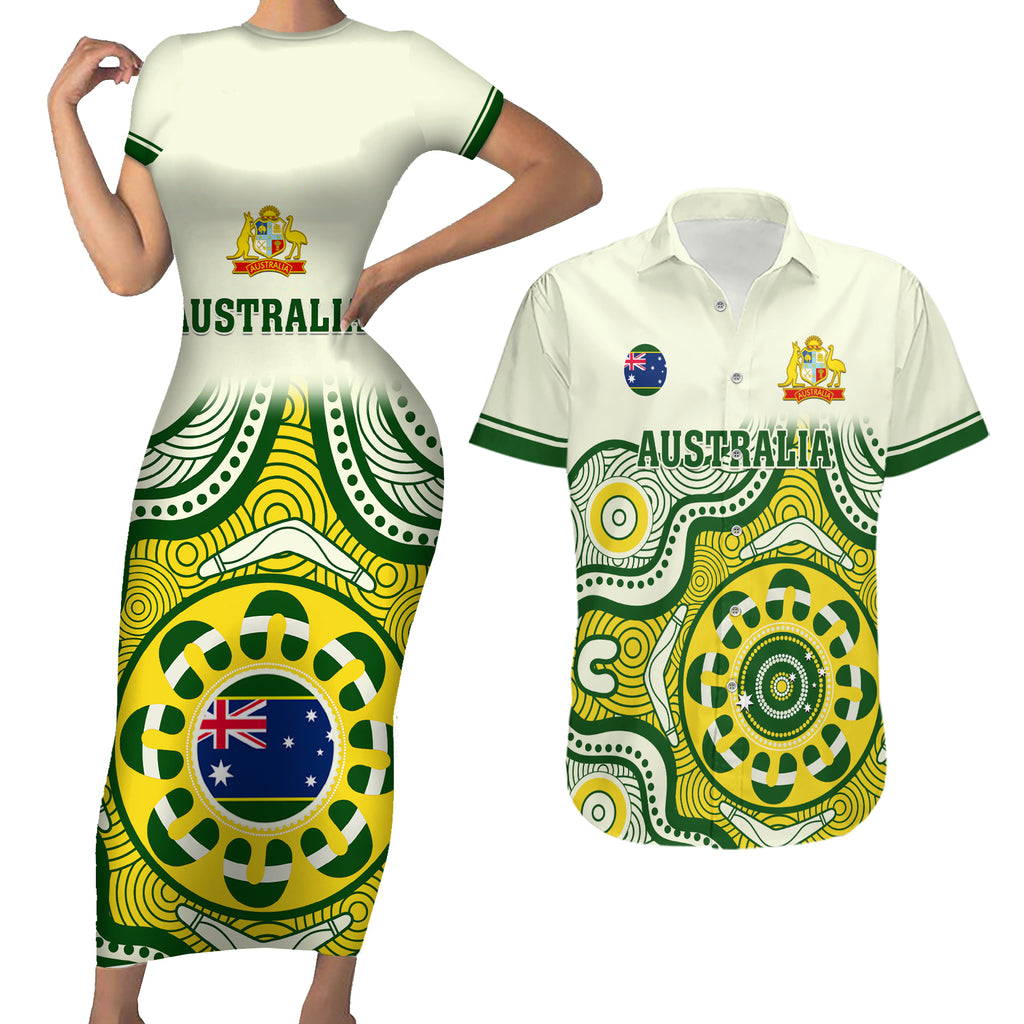 australia-cricket-couples-matching-short-sleeve-bodycon-dress-and-hawaiian-shirt-boxing-day-2023-test-indigenous-art