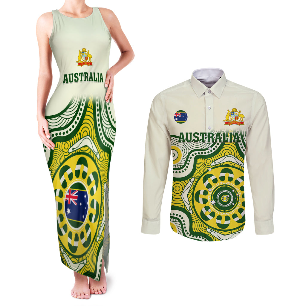 australia-cricket-couples-matching-tank-maxi-dress-and-long-sleeve-button-shirts-boxing-day-2023-test-indigenous-art