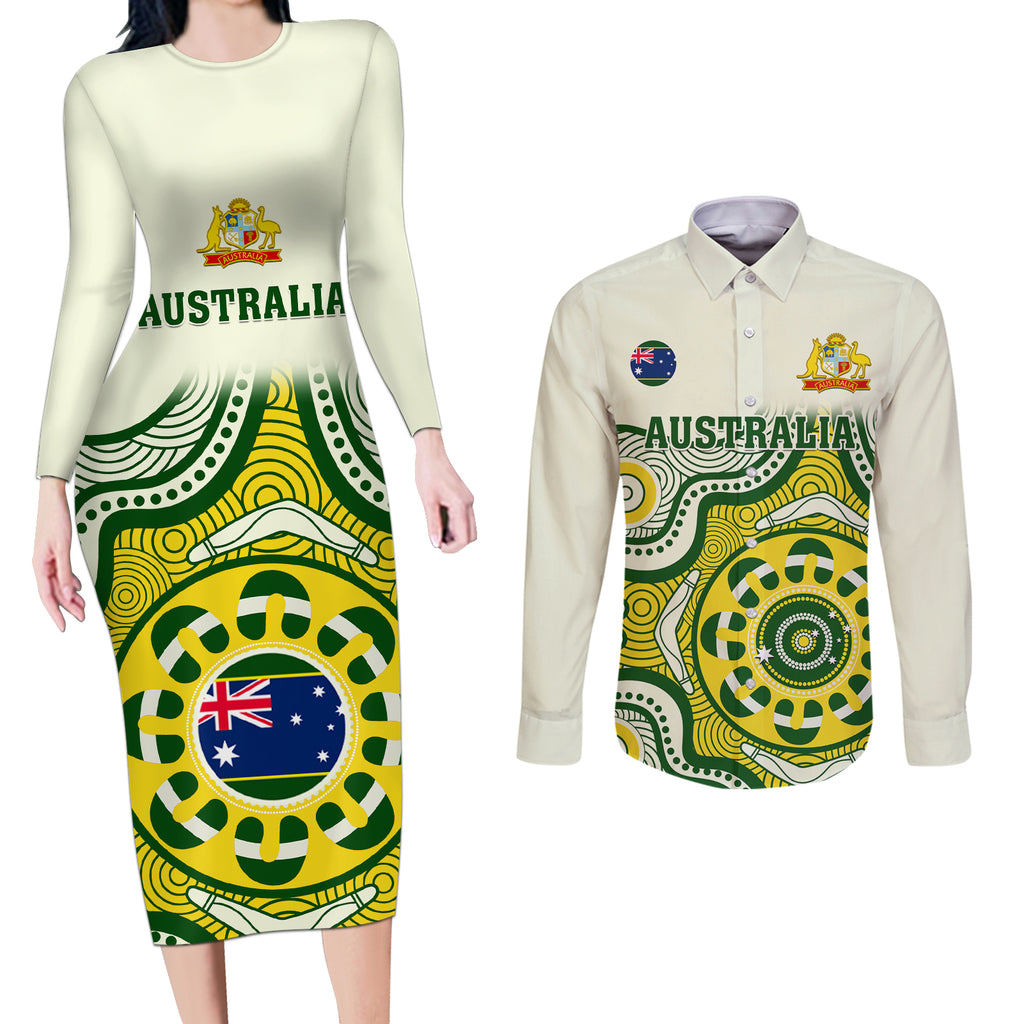 custom-australia-cricket-couples-matching-long-sleeve-bodycon-dress-and-long-sleeve-button-shirts-boxing-day-2023-test-indigenous-art