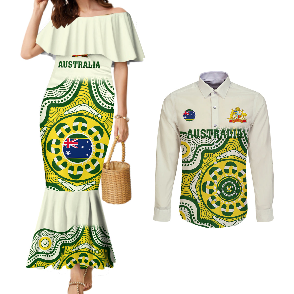 custom-australia-cricket-couples-matching-mermaid-dress-and-long-sleeve-button-shirts-boxing-day-2023-test-indigenous-art