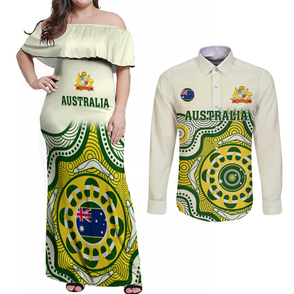 custom-australia-cricket-couples-matching-off-shoulder-maxi-dress-and-long-sleeve-button-shirts-boxing-day-2023-test-indigenous-art