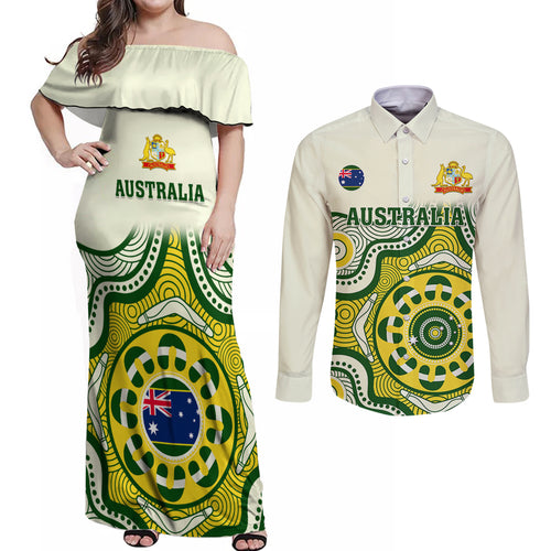 custom-australia-cricket-couples-matching-off-shoulder-maxi-dress-and-long-sleeve-button-shirts-boxing-day-2023-test-indigenous-art