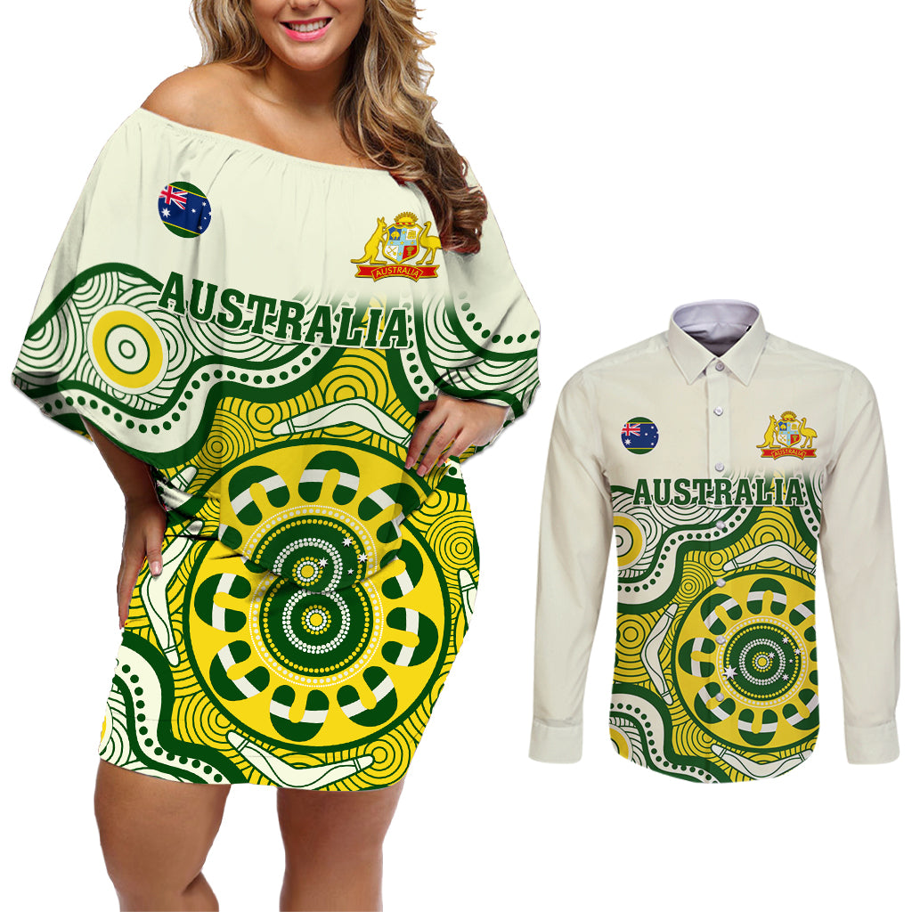 custom-australia-cricket-couples-matching-off-shoulder-short-dress-and-long-sleeve-button-shirts-boxing-day-2023-test-indigenous-art