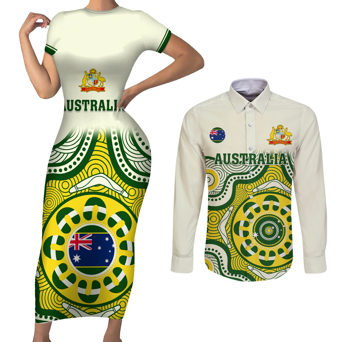custom-australia-cricket-couples-matching-short-sleeve-bodycon-dress-and-long-sleeve-button-shirts-boxing-day-2023-test-indigenous-art