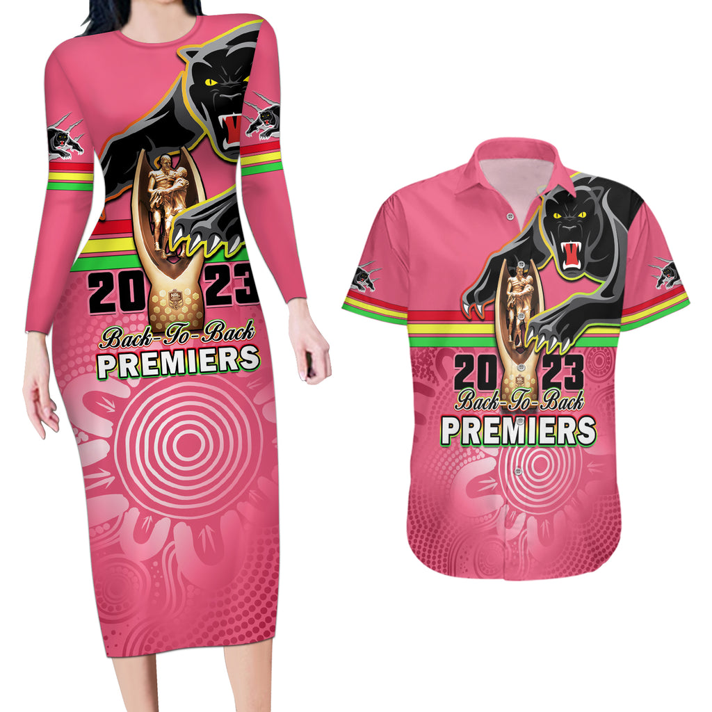 personalised-panthers-couples-matching-long-sleeve-bodycon-dress-and-hawaiian-shirt-premiers-back-to-back-2023-pink-version