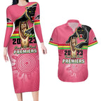personalised-panthers-couples-matching-long-sleeve-bodycon-dress-and-hawaiian-shirt-premiers-back-to-back-2023-pink-version