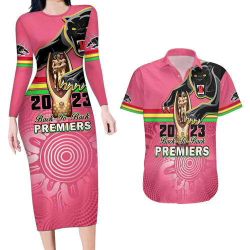 personalised-panthers-couples-matching-long-sleeve-bodycon-dress-and-hawaiian-shirt-premiers-back-to-back-2023-pink-version