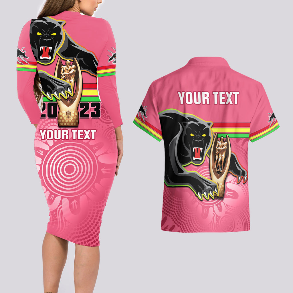 personalised-panthers-couples-matching-long-sleeve-bodycon-dress-and-hawaiian-shirt-premiers-back-to-back-2023-pink-version