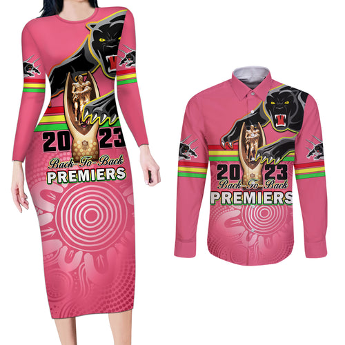 personalised-panthers-couples-matching-long-sleeve-bodycon-dress-and-long-sleeve-button-shirts-premiers-back-to-back-2023-pink-version