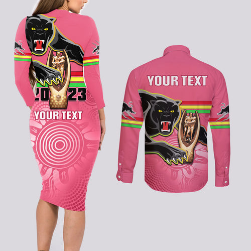 personalised-panthers-couples-matching-long-sleeve-bodycon-dress-and-long-sleeve-button-shirts-premiers-back-to-back-2023-pink-version
