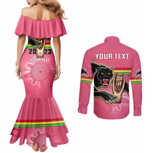 personalised-panthers-couples-matching-mermaid-dress-and-long-sleeve-button-shirts-premiers-back-to-back-2023-pink-version