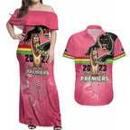 personalised-panthers-couples-matching-off-shoulder-maxi-dress-and-hawaiian-shirt-premiers-back-to-back-2023-pink-version
