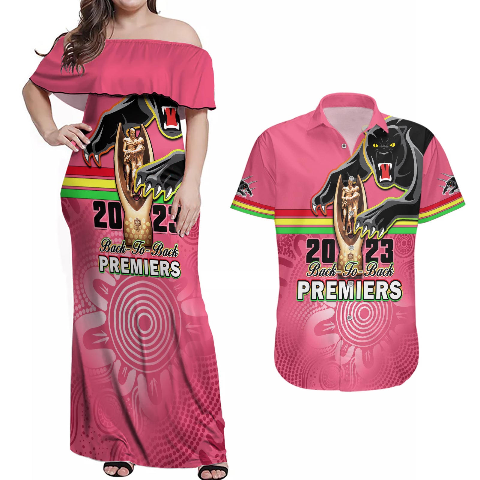 personalised-panthers-couples-matching-off-shoulder-maxi-dress-and-hawaiian-shirt-premiers-back-to-back-2023-pink-version