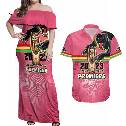 personalised-panthers-couples-matching-off-shoulder-maxi-dress-and-hawaiian-shirt-premiers-back-to-back-2023-pink-version