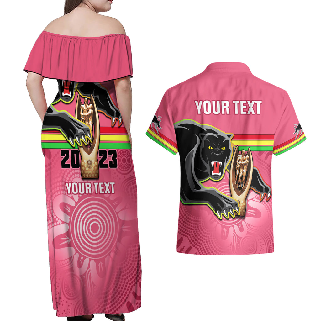 personalised-panthers-couples-matching-off-shoulder-maxi-dress-and-hawaiian-shirt-premiers-back-to-back-2023-pink-version