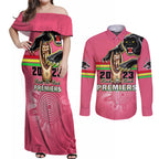personalised-panthers-couples-matching-off-shoulder-maxi-dress-and-long-sleeve-button-shirts-premiers-back-to-back-2023-pink-version