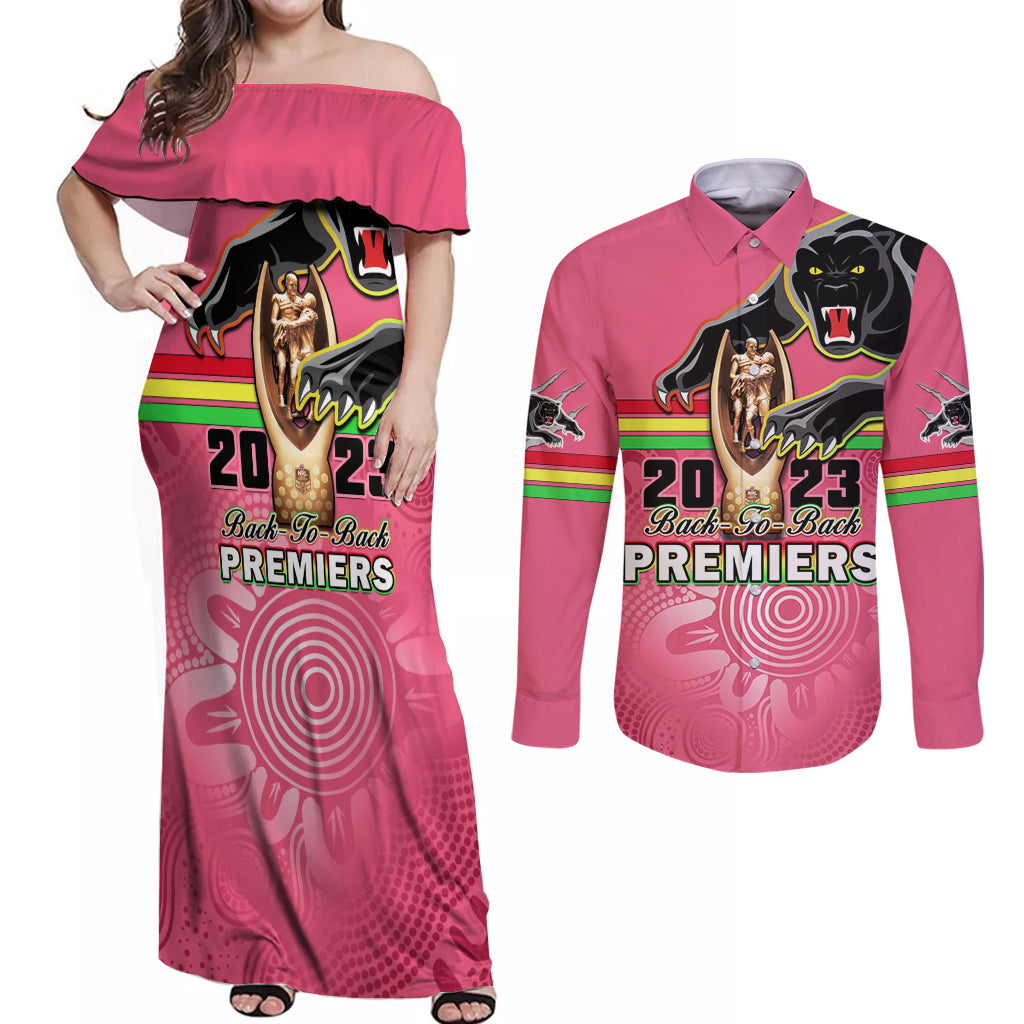 personalised-panthers-couples-matching-off-shoulder-maxi-dress-and-long-sleeve-button-shirts-premiers-back-to-back-2023-pink-version