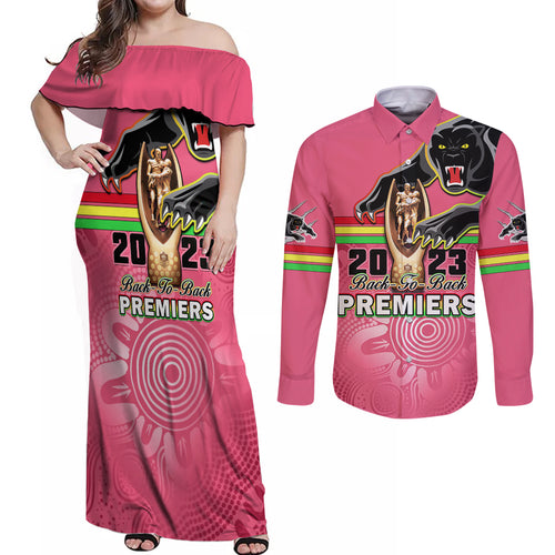 personalised-panthers-couples-matching-off-shoulder-maxi-dress-and-long-sleeve-button-shirts-premiers-back-to-back-2023-pink-version