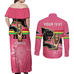 personalised-panthers-couples-matching-off-shoulder-maxi-dress-and-long-sleeve-button-shirts-premiers-back-to-back-2023-pink-version