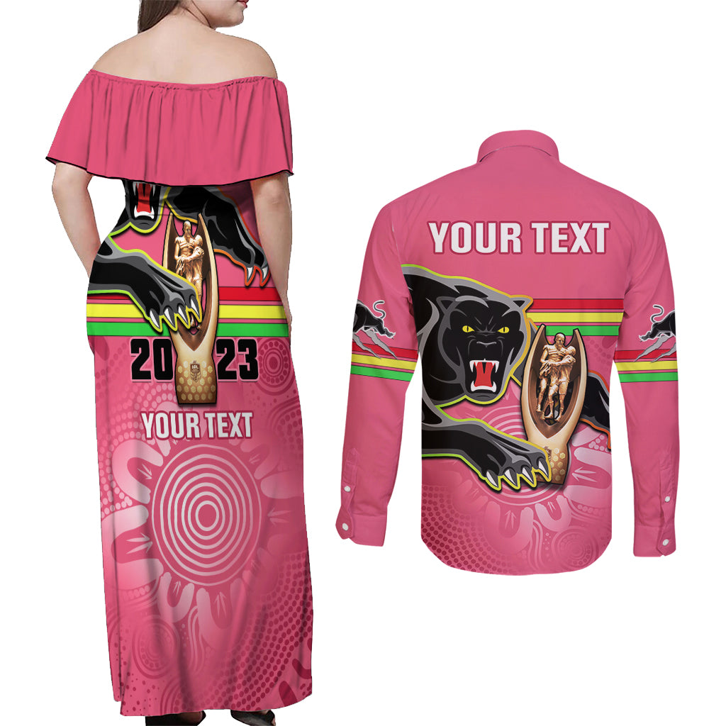 personalised-panthers-couples-matching-off-shoulder-maxi-dress-and-long-sleeve-button-shirts-premiers-back-to-back-2023-pink-version
