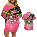 personalised-panthers-couples-matching-off-shoulder-short-dress-and-hawaiian-shirt-premiers-back-to-back-2023-pink-version